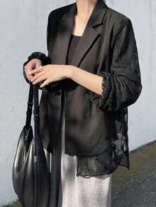 FRIFUL Women's Solid Color Hollow Knit Patchwork Jacket Summer - Black - View 4