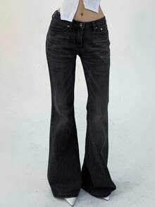DAZY Women's Washed Distressed Korean Style Loose Flare Jeans Petite - Dark Grey - View 2