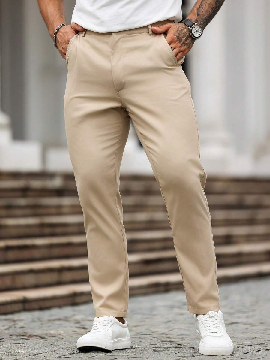 Manfinity Homme Men's Solid Color Button Front Pocket Minimalist Casual Suit Pants, Fall - Khaki - View 1
