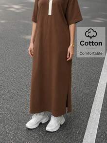 Solavon 女款拼色優雅短袖長洋裝，春/夏 - 卡其色 - 查看 5