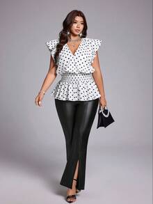 Viva Relle Plus Size Women's V-Neck Polka Dot Print Short Sleeve Ruffle Hem Blouse Date Night Summer Elegant - Multicolor - View 3