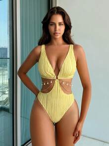 Bonvoyette Women's Solid Color Cutout One-Piece Swimsuit, Suitable For Beach Vacation, Pool Party, Beach Party - Yellow - View 2