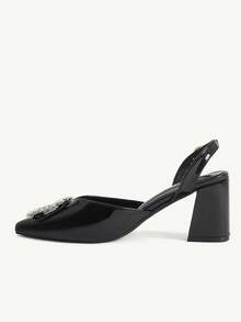 CUCCOO CHICEST Women's Shoes Rhinestone Square Buckle Thick Heel Pointed High Heels Elegant Black PU Leather High Heel Shoes Slingbacks Dating Afternoon Tea - Black - View 6