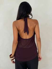 Aloruh Women's Elegant Sexy Commute Brunch Night Out Sleeveless Burgundy Chiffon Blouse With Ruffle Trim, Work Tops, Office Attire, Social Blouse, Summer - Red Violet - View 3