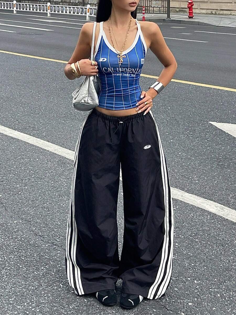 Coolane 女士春夏音乐会街头风撞色降落伞裤 - 黑色 - 查看 1