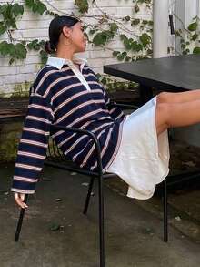 DAZY 拼接撞色寬鬆條紋長袖春夏休閒女款T恤上衣 - 藏蓝色 - 查看 5