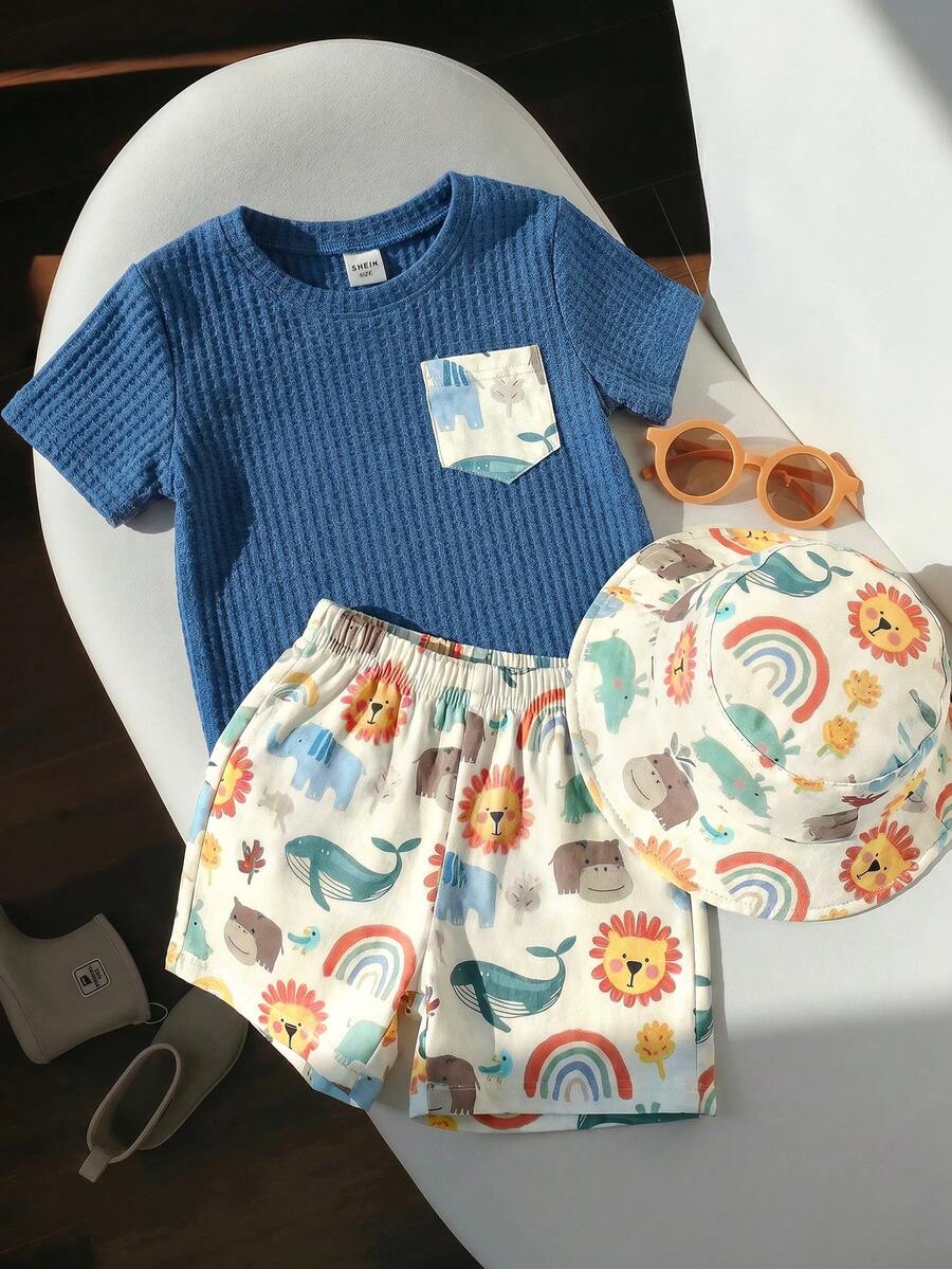 SHEIN 3件組中性嬰兒男童女童幼童男童3件/套 春夏可愛動物印花短袖T恤針織上衣與短褲及帽子套裝多件組,春夏嬰兒男童服裝套裝,嬰兒男童短袖上衣 - 彩色 - 查看 1