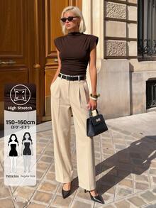 SHEIN PETITE Áo kiểu dáng thanh lịch màu nâu, không tay, có đệm vai, thích hợp cho mùa xuân/hè, đa năng, phù hợp cho cả công sở và những dịp thường ngày, mang phong cách cổ điển. - màu nâu - Xem 4