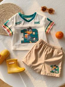 SHEIN 2pcs/Set Baby Boy Sports Casual Summer Comfortable Printed Pattern T-Shirt & Elastic Waist Shorts Set, Sports Outfit, Baby Boy Set, Summer Set, Cute Set, Cartoon Set - Multicolor - View 5