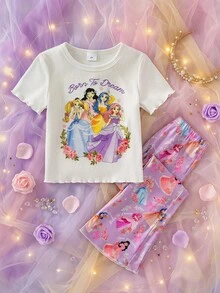 SHEIN Young Girl' White Ribbed Princess Graphic Short Sleeve Top And Pants Casual Outfit, Suitable For Outings And Gatherings - Purple - View 1