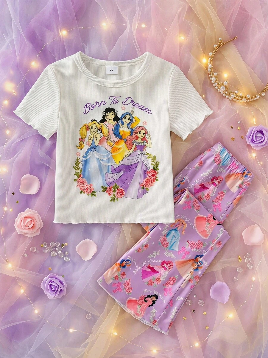 SHEIN Young Girl' White Ribbed Princess Graphic Short Sleeve Top And Pants Casual Outfit, Suitable For Outings And Gatherings - Purple - View 1