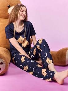 Notgurli Crew Neck Short Sleeve Printed Pajama Set For Women Sleep Navy Blue Navey Blue Summer Casual - Multicolor - View 1