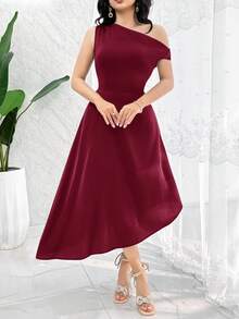 Feyla Women's Asymmetric Neck Solid Color Elegant Asymmetrical Hem Party Dress - Burgundy - View 6