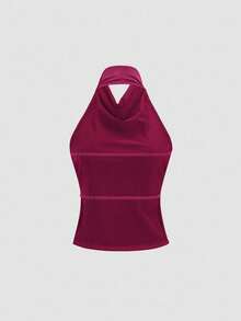 Sweetra Top básico elegante de cuello alto y espalda con cordón elástico ajustable - Burdeos - Ver 2