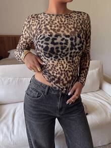Dripcurv Plus Size Women's Leopard Print Casual Versatile Daily Wear Long Sleeve Top - Multicolor - View 4