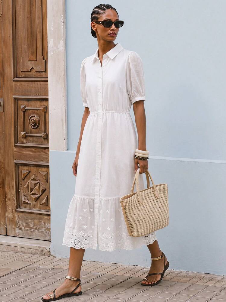 SHEIN Maija Women's Solid Color Pleated Collar Casual Midi Shirt Dress