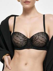Bralution Áo ngực nâng ngực họa tiết hoa đen 1/2 Cup thanh lịch cho phụ nữ mặc hàng ngày thoải mái - màu đen - Xem 3