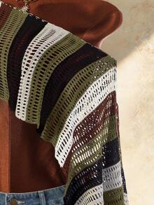 Amplova Crochet Striped Hollow Out Vintage Women's Cover-Up Shawl - Brown - View 7