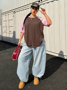 Muchica Camiseta Talla Grande Verano Básica Casual Manga Raglán Multicolor Patchwork Manga Corta Ajuste Holgado - Café integral - Ver 4
