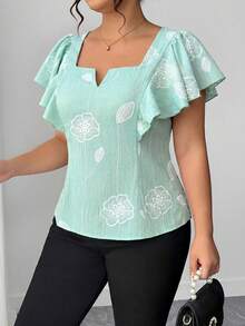 SHEIN Clasi Plus Size Women's Light Green Ruffle Hem Short Sleeve Fitted Blouse Wedding Guest Vacation Summer Elegant Eleganza - Mint Green - View 4