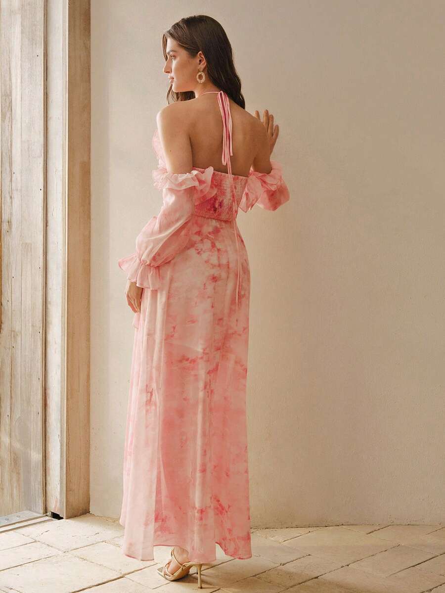 MOTF PREMIUM SPRING/SUMMER TIE-DYE FLORAL PRINT KNOT HALTER NECK RUFFLE SLEEVE CINCHED WAIST LONG DRESS - Pink - View 2