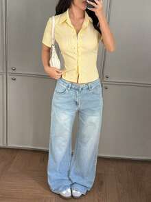 SHEIN PETITE 女款白色黃色條紋鈕扣襯衫，夏季休閒短袖領口修身女裝，適合辦公室、學校、海灘度假與日常穿著，小碼女款 - 黃色 - 查看 6