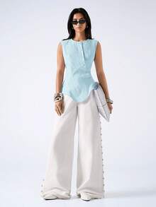 LYSMO 2026 New Minimalist Spring/Summer Women's Casual Solid Color Asymmetric Sleeveless Shirt, Summer Top, Blue - Blue - View 6