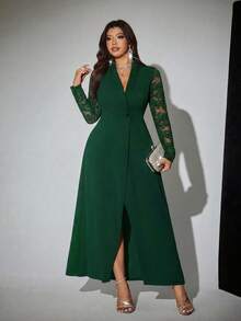 Viva Relle 大尺碼女款優雅浪漫性感派對蕾絲露背翻領修身開衩長洋裝，情人節 - 墨綠色 - 查看 6