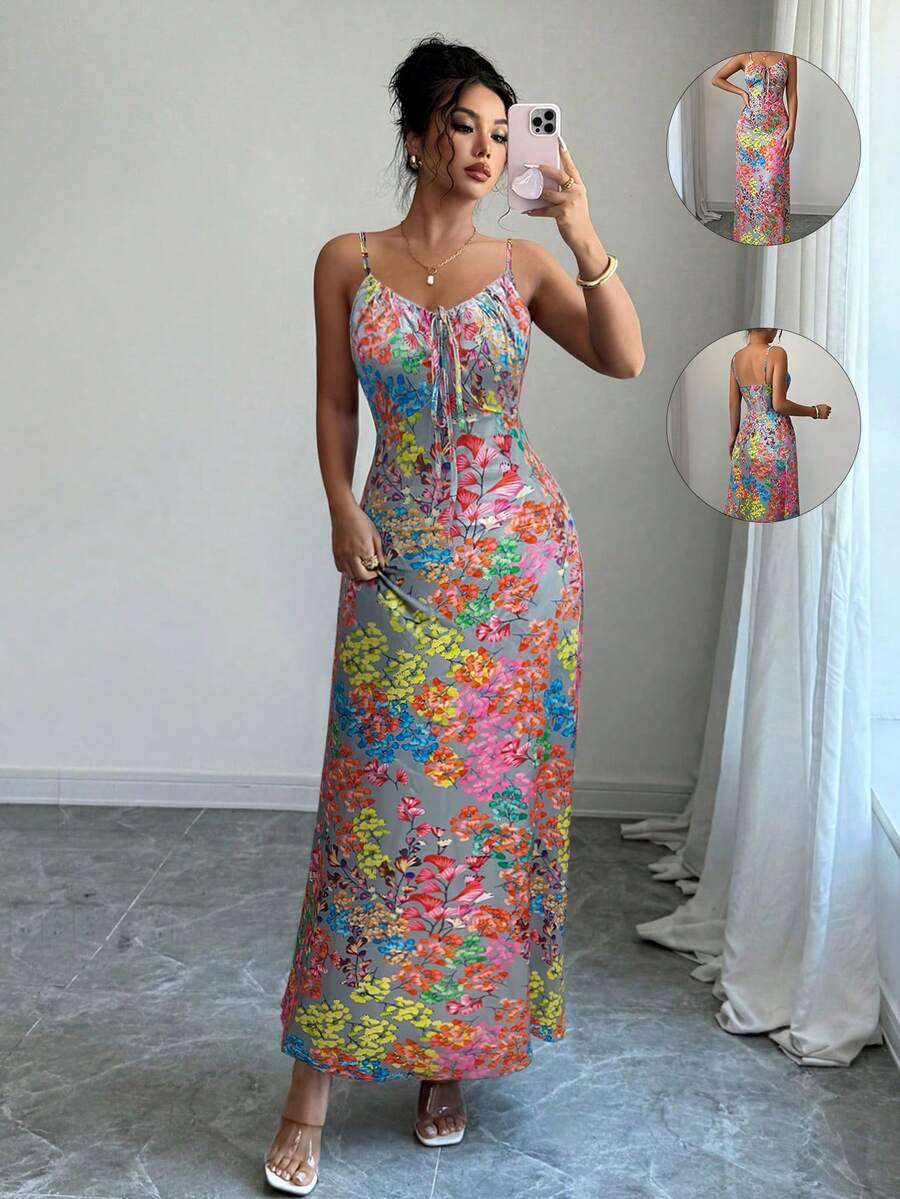Selianne Abito da donna elegante alla moda da pendolare casual comodo affascinante vintage minimalista di alta gamma romantico per vacanze e festività senza maniche con spalline sottili vita arricciata orlo a A estivo caldo colorato con stampa floreale in raso lucido (stampa casuale) - Multicolore - Visualizzare 1