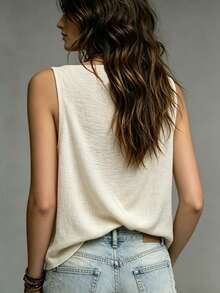 SHEIN Holidaya Tank Top Fashion Wanita Warna Polos dengan Hiasan Leher Kerah dan Bahu - Aprikot - View 2