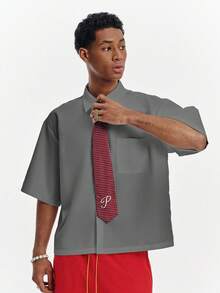 PAVTROS Men's Solid Color Loose Short Sleeve Shirt With Tie - Grey - View 6