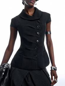 LYSMO Blazer de mujer de unicolor con manga corta, diseño asimétrico superpuesto y botones - Negro - Ver 6