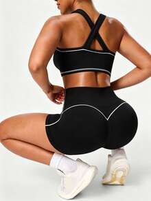 Solea Cove 1 Set, Black Criss-Cross Back Sports Set, High Waist Tummy Control Slimming Butt Lifting Shorts, Contrast Line Shaping Yoga Outfit, Soft Comfortable Fit, Suitable For Workout, Running, Casual, Yoga - Black - View 1