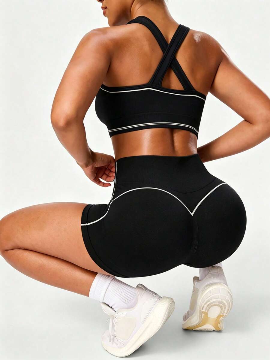 Solea Cove 1 Set, Black Criss-Cross Back Sports Set, High Waist Tummy Control Slimming Butt Lifting Shorts, Contrast Line Shaping Yoga Outfit, Soft Comfortable Fit, Suitable For Workout, Running, Casual, Yoga - Black - View 1