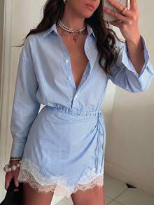 Firerie Women's Blue Striped Contrast Lace Hem Woven Mini Dress, Long Sleeve Wrap Mini Dress For Spring, Summer, Autumn, Winter, Casual, Beach Vacation, Sun Dress, Party, Date, Vacation, Work, Teacher - Blue and White - View 3