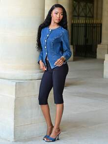 Mima John Women's Blue Denim Jacket With Round Neck, Long Sleeves And Waist, Decorated With Metal Buttons, Suitable For Korean-Style Workplace Wear In Autumn Winter Casual Spring - Dark Wash - View 3