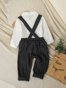 SHEIN 2pcs Baby Boy Formal Gentleman Set, Includes 1pc Bow Tie Knitted White Long Sleeve Shirt And 1pc Adjustable Suspenders Pants, Fashionable And Elegant, Suitable For Various Occasions Such As Parties, Formal Events, Weddings, Christenings, Celebrations And Birthday Parties, Suitable For 6 Months To 3 Years Old Baby Boys. Baby Boy Shirt, 1st Birthday Outfit, Photo Shoot Outfit - Black - View 3