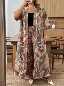 SHEIN CURVE+ Curve 尺码 US22 音乐节、海滨度假、波西米亚风印花两件套外套和裤子，度假沙滩装 - 彩色 - 查看 10