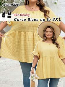 SHEIN CURVE+ Curve 加大码 US22 音乐节、海滨度假、波西米亚风 CURVE PLUS / / 女士格纹印花衬衫，适合春夏波西米亚风度假，休闲娃娃风衬衫 - 黃色 - 查看 1