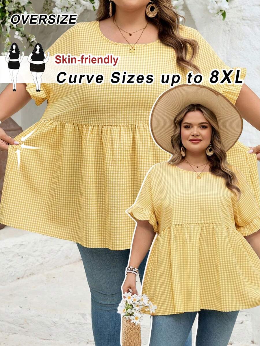 SHEIN CURVE+ Curve 加大码 US22 音乐节、海滨度假、波西米亚风 CURVE PLUS / / 女士格纹印花衬衫,适合春夏波西米亚风度假,休闲娃娃风衬衫 - 黃色 - 查看 1