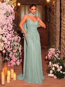Glamrae Elegant, , Fashionable Elastic Mesh Handmade Ruched A-Line Dress, Suitable For Party, Wedding Guest, Pink Color, And Formal Evening Gown - Mint Green - View 6