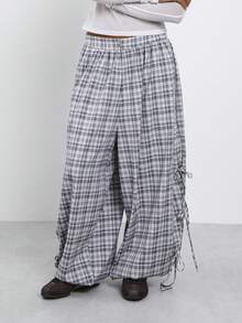 COUREZ Pantalones holgados tipo globo con detalle de lazos laterales en cuadros estilo Y2K 2000s disco 90s country otoño para mujer para salir uso diario fiesta en la piscina fiesta concierto - Gris - Ver 2