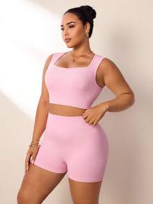 SHEIN Rhythm Era Women's Plus Size Sports Set Pink Seamless Ribbed U-Neck Yoga Fitness Tank Top And High-Waisted 3/4 Length Leggings 2pcs - Pink - View 4