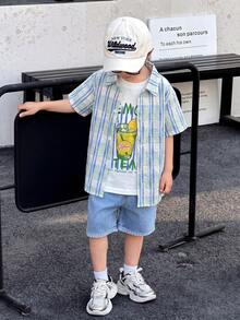 SHEIN 3件/套兒童小男孩可愛夏季百搭熱帶水果印花短袖襯衫白色T恤藍色牛仔短褲套裝，適合日常穿著、運動、外出、度假、上學、派對、節日、表演、攝影 - 彩色 - 查看 5
