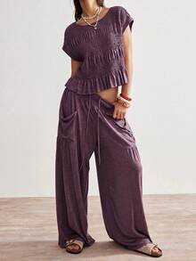 Bohemela Casual Boho Solid Color Knit Round Neck Loose T-Shirt Low Waist Loose Wide Leg Long Pants Women's 2 Pieces Set Travel Dusty Purple Summer - Dusty Purple - View 4