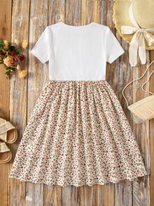 Emery Rose Kids Emery Rose Kids 少女夏季休閒可愛拼接碎花圓領短袖洋裝，海灘度假白色花卉 - 白色 - 查看 6