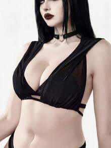 ROMWE Goth 大尺碼女款一件式純色網紗性感海灘度假比基尼罩衫 - 黑色 - 查看 4