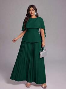 Viva Relle Plus Size Women's Spring/Summer New Lightweight Luxury Banquet Style Bean Paste Pink Jumpsuit, Asymmetric Shawl Waist-Cinched Pleated Wide-Leg Pants. Suitable For High-End Evening Parties, Wedding Guests, Red Carpet Events, Lightweight Luxury Banquet Style Fashion Apparel - Dark Green - View 5