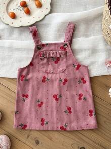 SHEIN LMoss Kids 女嬰編織燈芯絨櫻桃圖案背心裙，加厚燈芯絨面料，適合秋冬穿著 - 藕粉色 - 查看 9