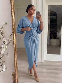 SHEIN Lady CURVE Đầm tay lửng 3/4, eo xoắn phía trước, dáng thanh lịch, cỡ lớn, thích hợp cho mùa hè. - Màu xanh bụi bặm - Xem 3
